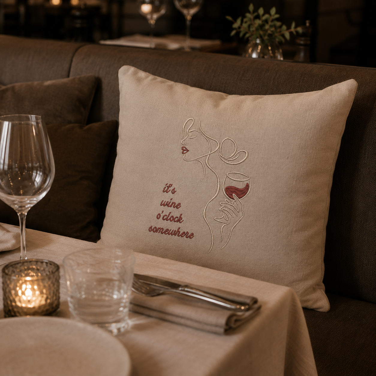 Stickmotiv mit Schriftzug 'it's wine o'clock somewhere' auf Kissen